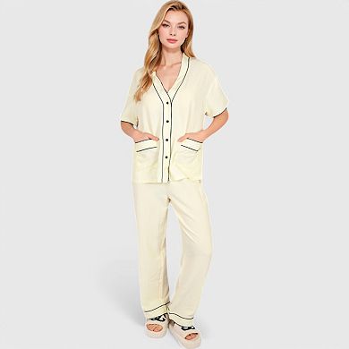 Women's Short Sleeve Button-Up Pajama Set with Contrast Piping and Front Pockets