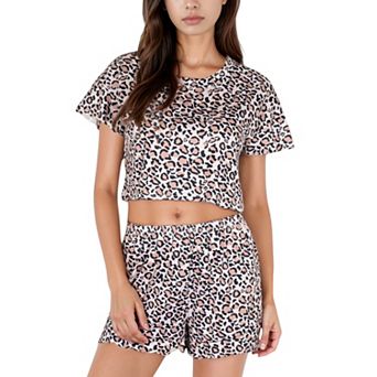 Women's Leopard Print Pajama Set with Crew Neck Crop Top and Matching Elastic Waist Shorts