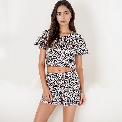 Women's Leopard Print Pajama Set with Crew Neck Crop Top and Matching Elastic Waist Shorts