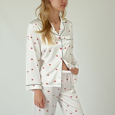 Women's Satin Long Sleeve Pajama Set with Mini Bow Print Button-Up Top and Chest Pocket