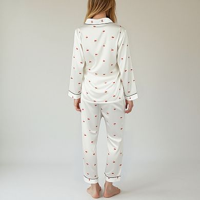 Women's Satin Long Sleeve Pajama Set with Mini Bow Print Button-Up Top and Chest Pocket