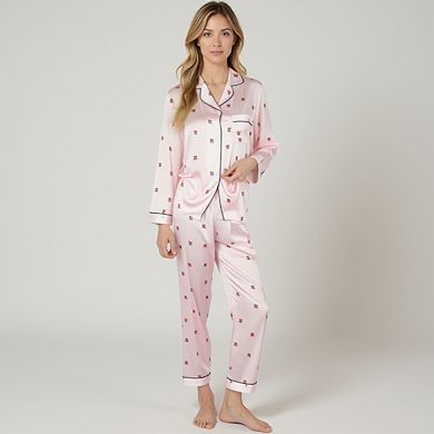 Women's Satin Long Sleeve Pajama Set with Mini Bow Print Button-Up Top and Chest Pocket