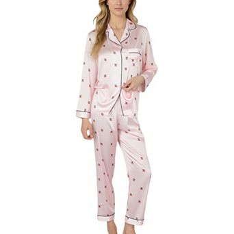 Women's Satin Long Sleeve Pajama Set with Mini Bow Print Button-Up Top and Chest Pocket