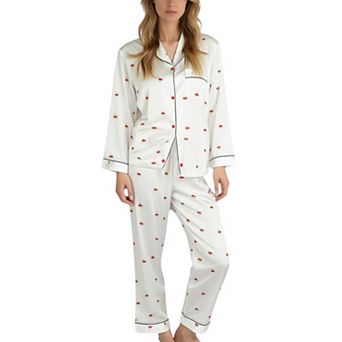 Women's Satin Long Sleeve Pajama Set with Mini Bow Print Button-Up Top and Chest Pocket