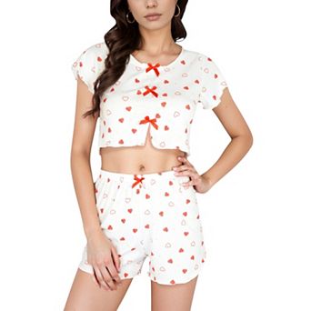 Women's Heart Print Pajama Set with Cropped Top and Bow Accents with Matching Elastic Waist Shorts