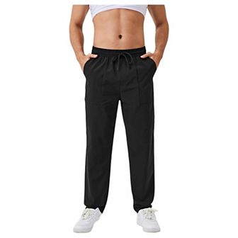 Men's Relaxed Fit Drawstring Pants with Patch Pockets and Elastic Waistband for Casual Wear