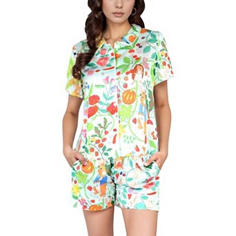 Women's Whimsical Garden Animal Print Pajama Set with Top and Matching Shorts