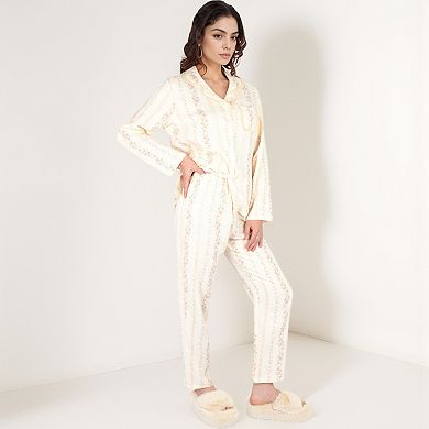 Women's Floral Stripe Pajama Set with Button-Up Top Chest Pocket and Elastic Waist Pants