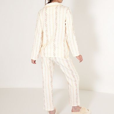 Women's Floral Stripe Pajama Set with Button-Up Top Chest Pocket and Elastic Waist Pants