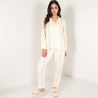 Women's Floral Stripe Pajama Set with Button-Up Top Chest Pocket and Elastic Waist Pants