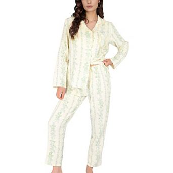 Women's Floral Stripe Pajama Set with Button-Up Top Chest Pocket and Elastic Waist Pants