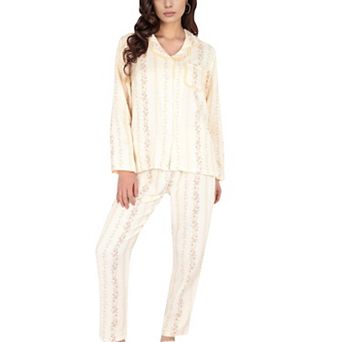 Women's Floral Stripe Pajama Set with Button-Up Top Chest Pocket and Elastic Waist Pants