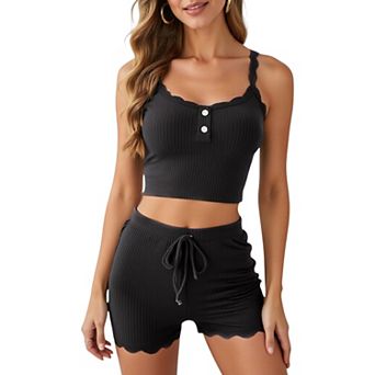 Women's Ribbed Lace Trim Pajama Set with Button Front and Drawstring Shorts