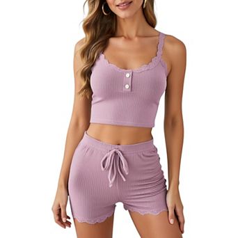 Women's Ribbed Lace Trim Pajama Set with Button Front and Drawstring Shorts