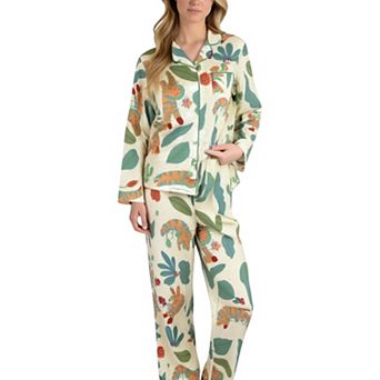 Women's Long Sleeve Button-Up Jungle Print Pajama Set with Chest Pocket and Matching Pants