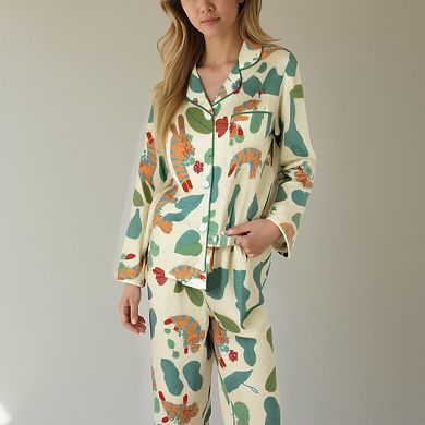 Women's Long Sleeve Button-Up Jungle Print Pajama Set with Chest Pocket and Matching Pants