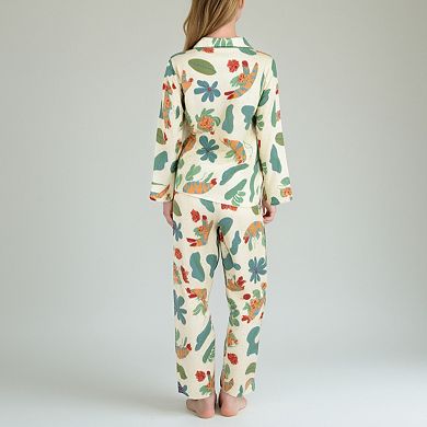 Women's Long Sleeve Button-Up Jungle Print Pajama Set with Chest Pocket and Matching Pants