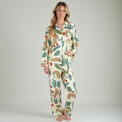 Women's Long Sleeve Button-Up Jungle Print Pajama Set with Chest Pocket and Matching Pants