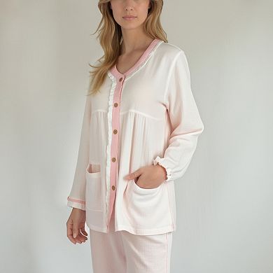 Women's Long Sleeve Button Up Pajama Set with Ruffle Trim and Front Patch Pockets