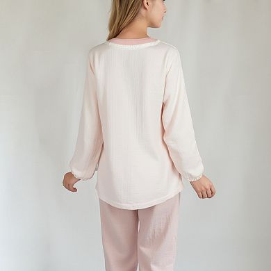 Women's Long Sleeve Button Up Pajama Set with Ruffle Trim and Front Patch Pockets