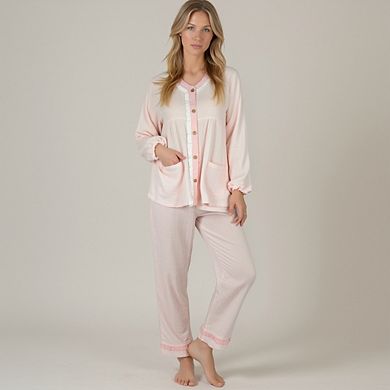 Women's Long Sleeve Button Up Pajama Set with Ruffle Trim and Front Patch Pockets