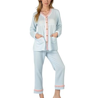 Women's Long Sleeve Button Up Pajama Set with Ruffle Trim and Front Patch Pockets