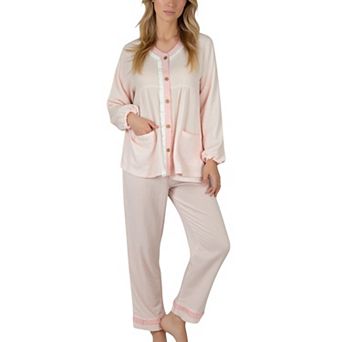 Women's Long Sleeve Button Up Pajama Set with Ruffle Trim and Front Patch Pockets