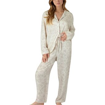 Women's Soft Brushed Pajama Set with Subtle Floral Print Button-Up Top and Drawstring Pants