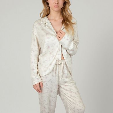 Women's Soft Brushed Pajama Set with Subtle Floral Print Button-Up Top and Drawstring Pants