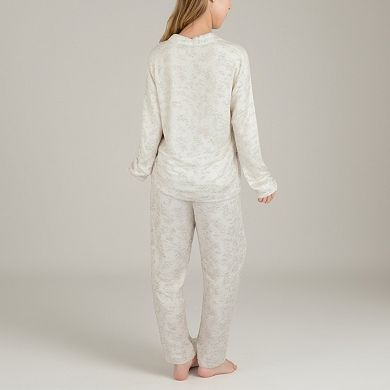 Women's Soft Brushed Pajama Set with Subtle Floral Print Button-Up Top and Drawstring Pants
