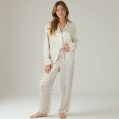 Women's Soft Brushed Pajama Set with Subtle Floral Print Button-Up Top and Drawstring Pants