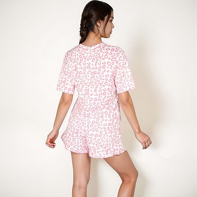 Women's Leopard Print Short Sleeve Pajama Set with Crew Neck Top and Relaxed Fit Lounge Shorts