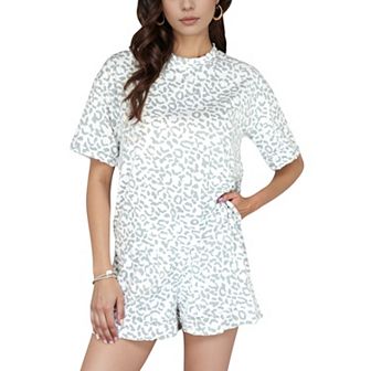 Women's Leopard Print Short Sleeve Pajama Set with Crew Neck Top and Relaxed Fit Lounge Shorts