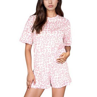 Women's Leopard Print Short Sleeve Pajama Set with Crew Neck Top and Relaxed Fit Lounge Shorts