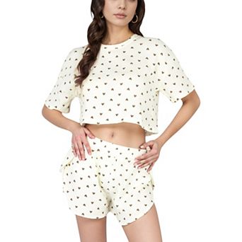 Women's Heart Print Waffle Knit Sleepwear Set with Cropped Tee and Elastic Waist Shorts