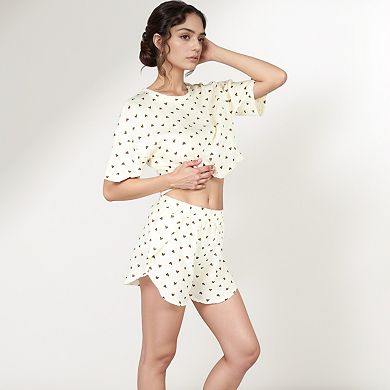 Women's Heart Print Waffle Knit Sleepwear Set with Cropped Tee and Elastic Waist Shorts