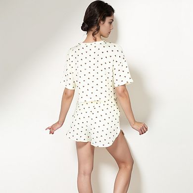 Women's Heart Print Waffle Knit Sleepwear Set with Cropped Tee and Elastic Waist Shorts