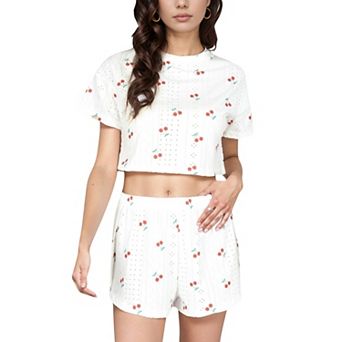 Women's Cherry Print Pajama Set with Cropped Top and High Waist Relaxed Fit Lounge Shorts
