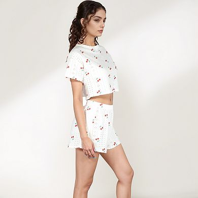 Women's Cherry Print Pajama Set with Cropped Top and High Waist Relaxed Fit Lounge Shorts