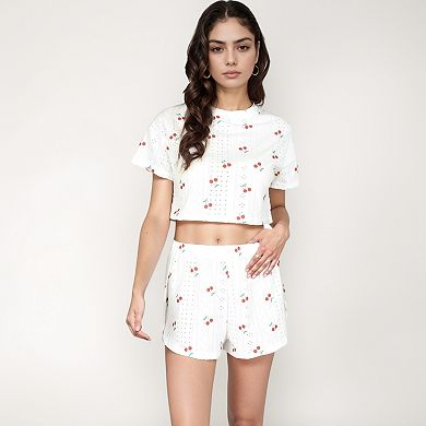 Women's Cherry Print Pajama Set with Cropped Top and High Waist Relaxed Fit Lounge Shorts