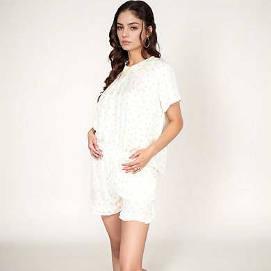 Women's Ditsy Floral Pajama Lounge Set with Ruffle Hem Shorts and Short Sleeve Pintuck Top