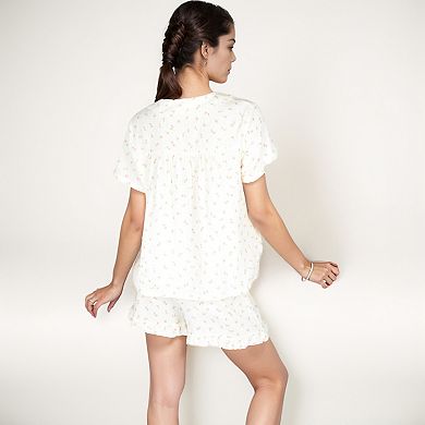 Women's Ditsy Floral Pajama Lounge Set with Ruffle Hem Shorts and Short Sleeve Pintuck Top