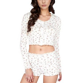 Women's Floral Pajama Set with Lace Trim Cropped Button Top and High Waist Lounge Shorts