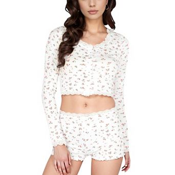 Women's Floral Pajama Set with Lace Trim Cropped Button Top and High Waist Lounge Shorts