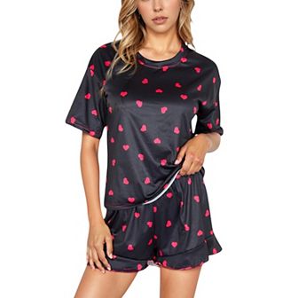 Women's Heart Print Satin Pajama Set with Short Sleeve Crew Neck Top and Ruffle Trim Lounge Shorts