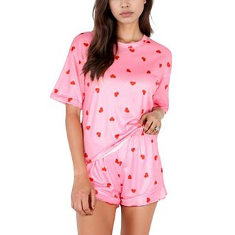 Women's Heart Print Satin Pajama Set with Short Sleeve Crew Neck Top and Ruffle Trim Lounge Shorts
