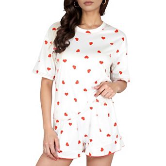 Women's Heart Print Satin Pajama Set with Short Sleeve Crew Neck Top and Ruffle Trim Lounge Shorts