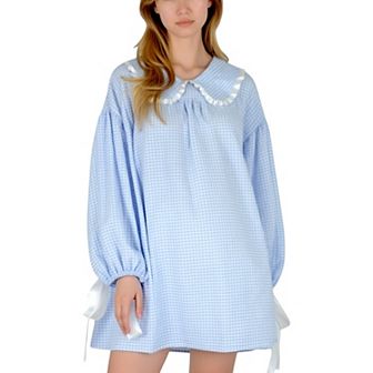 Women's Gingham Long Sleeve Nightgown with Peter Pan Collar and Ribbon Trim Detail