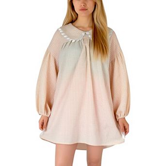Women's Gingham Long Sleeve Nightgown with Peter Pan Collar and Ribbon Trim Detail