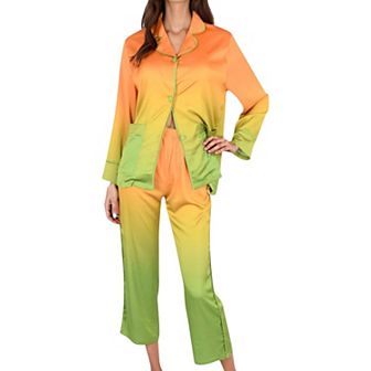 Women's Satin Pajama Set with Ombre Gradient Color Block Button Top and Wide Leg Pants